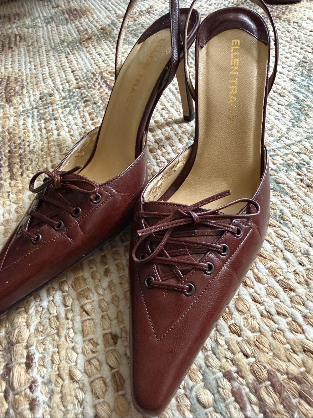 Ellen Tracy Burgundy Pointed-Toe Lace-Up Slingback Heels